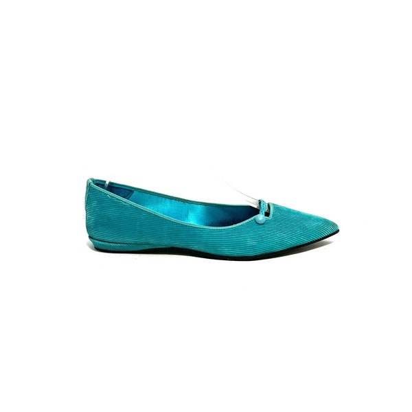 Vintage 1960s Pointed Toe Flats // Turquoise Corduroy Slip On House Shoe Slippers by Daniel Green Size 5.5