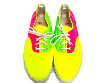 Vintage 1990s Neon Sneakers // Colorblock Nylon Canvas Lace Up Retro Casual Walking Shoes Trainers by Ocean Pacific Size 8.5