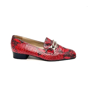 Vintage 1990s Snakeskin Horsebit Loafers // Red and Black Leather Slip On Low Heels by Mauro Volponi Size 7.5