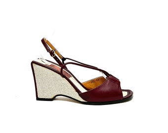 Vintage 1970s Disco Heels // Oxblood Leather Strappy Slingback Burlap Wedges by Etienne Aigner Size 7.5