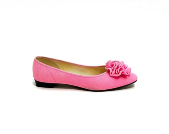 Vintage 1960s Vegan Rosette Flats // Pink Fabric Slip On House Shoes by Gaymode for JC Penney Size 8