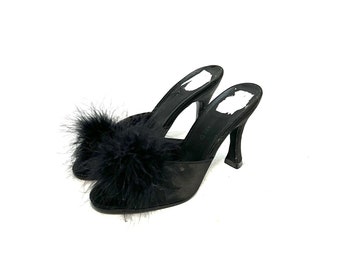Vintage 1990s Boudoir Slippers // Black Satin Marabou Feather Polly Style Heels by Victoria's Secret Size 5