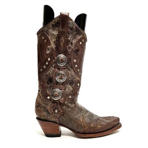 Vintage Y2K Womens Applique Cowboy Boots // Brown Leather Mid Calf Square Toe Adorned Western Boots by Corral Boots Size 7.5