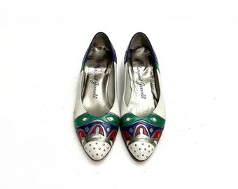 Vintage 1980s Multicolor Cutout Applique Wedges // White Leather Studded Slip On Kitten Heels by Margaret Jerrold Size 6.5