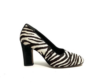 Vintage 1990s Zebra Print Heels // Genuine Pony Hair Slip On Pumps by Donald J. Pliner Size 6.5