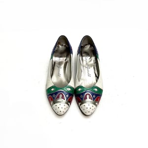 Vintage 1980s Multicolor Cutout Applique Wedges // White Leather Studded Slip On Kitten Heels by Margaret Jerrold Size 6.5