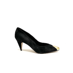 Vintage 1980s Formal Pumps // Black Suede Gold Toe Slip On Dress Heels by Jacqueline Ferrar Size 6.5