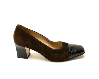 Vintage 1980s Italian Leather Heels // Brown Suede Square Toe Pumps by Rangoni Size 8.5