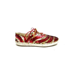 Vintage 1980s Party Sneakers // Red and Gold Sequin Canvas Lace Up Shoes by Headliners Size 10