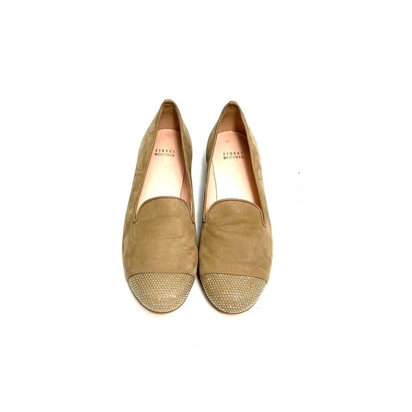 Vintage Y2K Studded Ballet Flats // Tan Suede Slip On Embellished Loafers by Stuart Weitzman Size 8.5