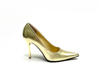 Vintage 1980s Stiletto Heels // Metallic Gold Vegan Leather Slip On Pointed Toe Heels by The Highest Heel Size 6