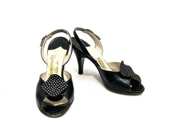 Vintage 1940s Rhinestone Heels // Black Leather Peep Toe Slingback Formal Dress Pumps by Mademoiselle Size 4.5