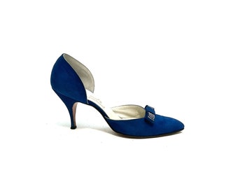 Vintage 1950s Royal Blue d'Orsay Heels // Suede Studded Bow Stiletto Pumps by Paramount Size 8.5