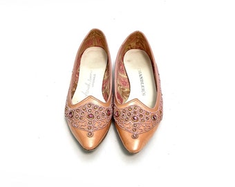 Vintage 1960s Rhinestone Flats // Pink Patent Leather Embellished Slip On Pointed Toe Loafers by Chandlers French Room Originals Size 8.5