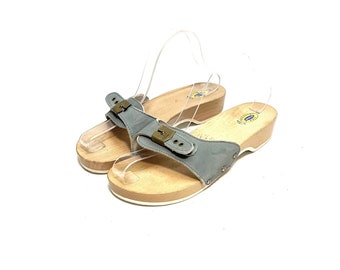Vintage 1980s Wooden Original Sandal // Gray Leather Slip On Open Toe Exercise Sandals by Dr Scholl's Size 10