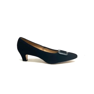 Vintage 1970s Deadstock Kitten Heels // Black Suede Oversized Buckle Slip On Pumps by Naturalizer Size 10
