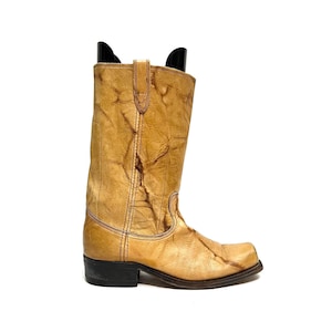 Vintage 1970s Mens Roper Boots // Tan Marbled Leather Square Toe Western Cowboy Boots Size 8.5
