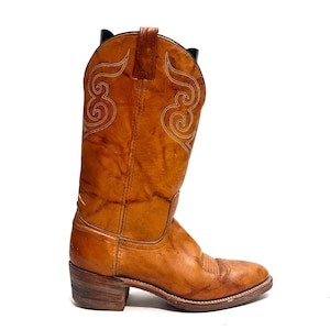 Vintage 1970s Mens Cowboy Boots // Tan Marbled Leather Mid Calf Pull On Western Style Boots by Dingo Circle A Size 10.5