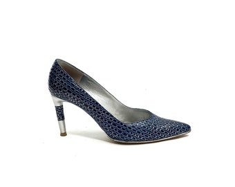 Vintage Y2K Pointed Toe Stilettos // Blue and Silver Leather Embossed Slip On Heels by Charles Jourdan Size 8