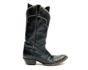 Vintage 1970s Mens Cowboy Boots // Black Leather Western Stitched Mid Calf Heeled Boots by Tony Lama Size 9.5