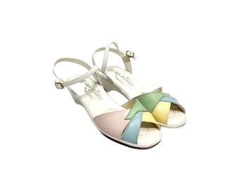 Vintage 1970s Pastel Sandals // White Vegan Leather Open Toe Strappy Wedge Heels by Happy Go Lightlys Size 6.5