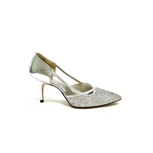 Vintage 1960s Glitter Heels // Silver Metallic Leather Pointed Toe Cutout Stiletto Pumps by Natural Tread Size 7