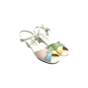 Vintage 1970s Pastel Sandals // White Vegan Leather Open Toe Strappy Wedge Heels by Happy Go Lightlys Size 6.5