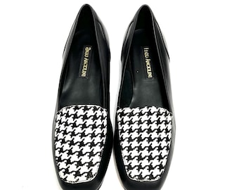 Vintage 1990s Deadstock Houndstooth Loafers // Black Leather Pony Hair Slip On Shoes by Enzo Angiolini Size 8.5