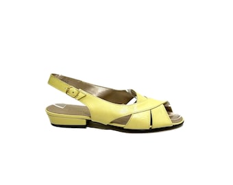 Vintage 1970s Strappy Sandals // Pastel Yellow Leather Open Toe Summer Slingbacks by Magdesians Size 7