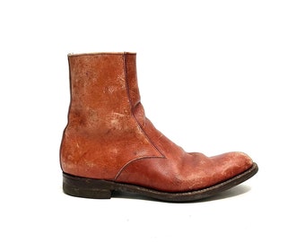 Vintage 1970s Mens Bespoke Ankle Boots // Brown Leather Zip Up Western Handmade Shoes by LeeKee Size 10