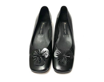 Vintage 1990s Patent Leather Slip Ons // Black Flower Square Toe Heels by Etienne Aigner Size 7.5