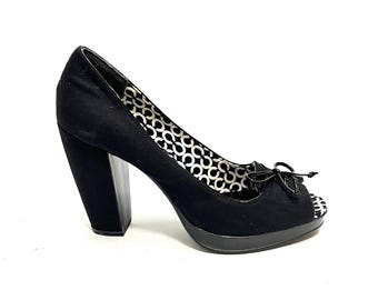 Vintage Y2K Deadstock Platform Peep Toe Heels // Black Fabric Lace Up Bow Pumps by Coach Size 8
