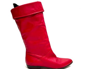 Vintage 1980s Fold Over Pirate Boots // Cherry Red Leather Mid Calf Pull On Cosplay Boots Size 8