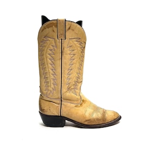 Vintage 1970s Mens Rugged Cowboy Boots // Tan Leather Mid Calf Pull On Western Boots by Double H Size 9.5