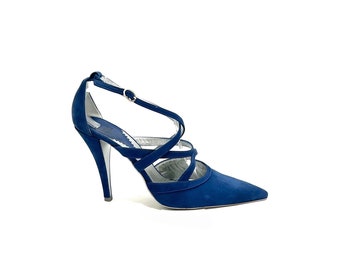 Vintage Y2K Pointed Toe Stilettos // Blue Suede Strappy Club Heels by Charles Jourdan Size 8