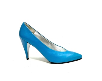 Vintage 1980s Deadstock Electric Blue Leather Pumps // Reflective Silver Sole Designer Heels by Charles Jourdan Size 8