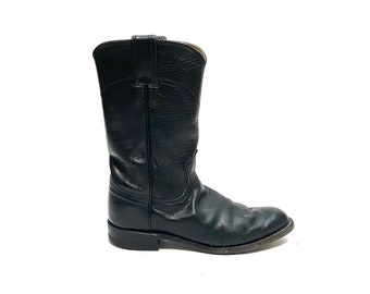 Vintage 1980s Black Leather Justin Boots // Mens Western Style Mid Calf Roper Boots Boots Size 5