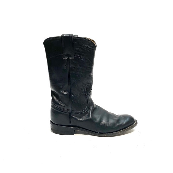 Vintage 1980er Schwarze Leder Justin Stiefel / Herren Western Style Mid Calf Roper Boots Gr. 5