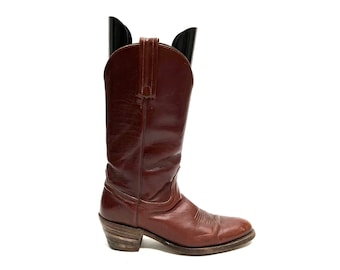 Vintage 1980s Damen Westernstiefel // Braune Leder Wadenleder Absatz White Label Cowboy Boots von Frye Größe 8.5