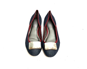 vintage Y2K Blue Denim Canvas Ballet Flats // Red Patent Leather Slip On Loafers by Martin & Osa Size 8.5