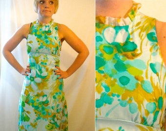 Maxi Dress Bridesmaid Vintage 1960s Ruffle Party Dress Floral Print Summer Fashion Halter