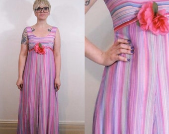 STRIPED Vintage Prom Dress // 1970s Evening Gown Formal Maxi Dress OOAK // Silk Crepe Watercolor Lines Painterly Cool Tones // Medium Large