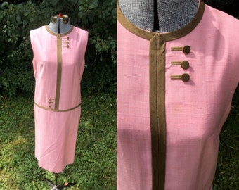 Vintage 1960s Pink Dress // 60s Linen Secretary Dress // Plus Size Large XL Dress // Drop Waist Office Fashion