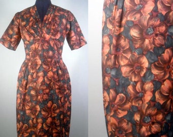 Floral Dress Cocktail Vintage 1960s Women Wiggle Dress Orange Floral Mad Men Fashion