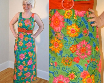 Vintage Hawaiian Dress // 1960s Floral Party Dress // Vintage 60s Gown // Emerald Green Tropical Maxi Dress // Prom Dress