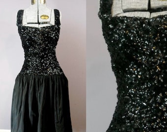 Vintage 40s Dress // Black Party Dress // Drop Waist Full Skirt Dress  // Vintage 1940s Cocktail Dress // XS Small Silk Taffeta