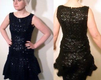 Sequin Dress // Vintage Holiday Party Dress // 1960s Little Black Dress // Drop Waist Flapper Style Dress // 60s does 20s