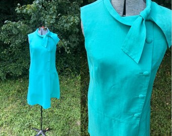 Vintage Linen Secretary Dress // Teal 1960s Button Front Sheath Dress // Womens Halloween Costume Mad Men Size Medium Large