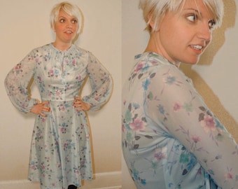 Vintage 1970s Dress // Floral Print Bridesmaid Dress // Ice Blue Dress // Pastel 70s Dress Plus Size Large XL
