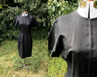 Little Black Sheath Dress // 1960s Secretary Dress // Simple Black Day Dress // Goth Steampunk Dress